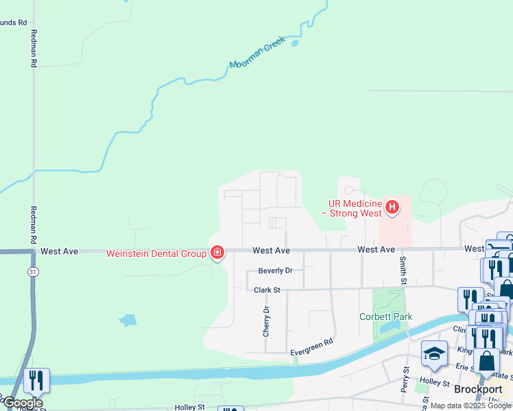 map of restaurants, bars, coffee shops, grocery stores, and more near 124 Lina's Way in Brockport