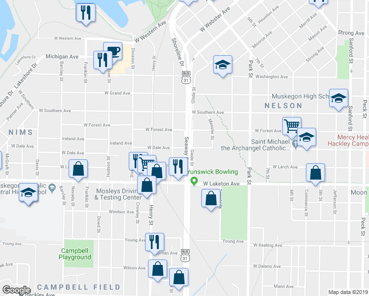 map of restaurants, bars, coffee shops, grocery stores, and more near 655 West Dale Avenue in Muskegon