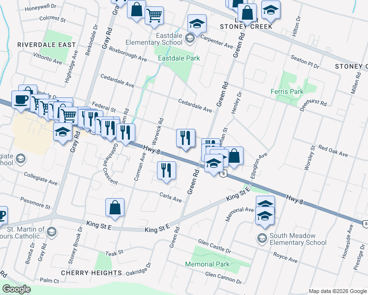 map of restaurants, bars, coffee shops, grocery stores, and more near 13 Norwich Road in Hamilton