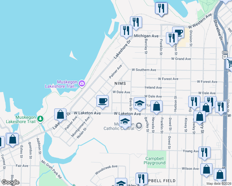 map of restaurants, bars, coffee shops, grocery stores, and more near 1283 West Dale Avenue in Muskegon
