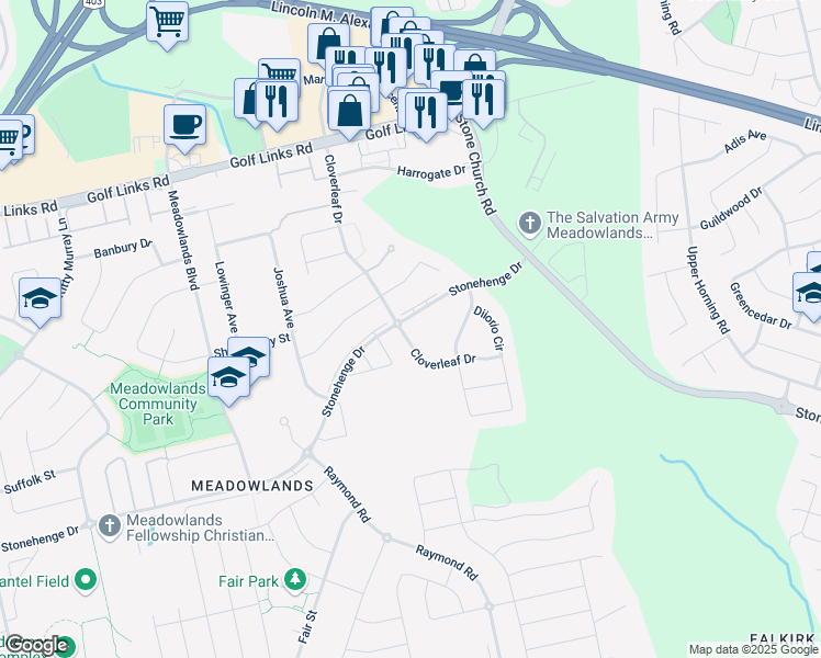 map of restaurants, bars, coffee shops, grocery stores, and more near 193 Cloverleaf Drive in Hamilton
