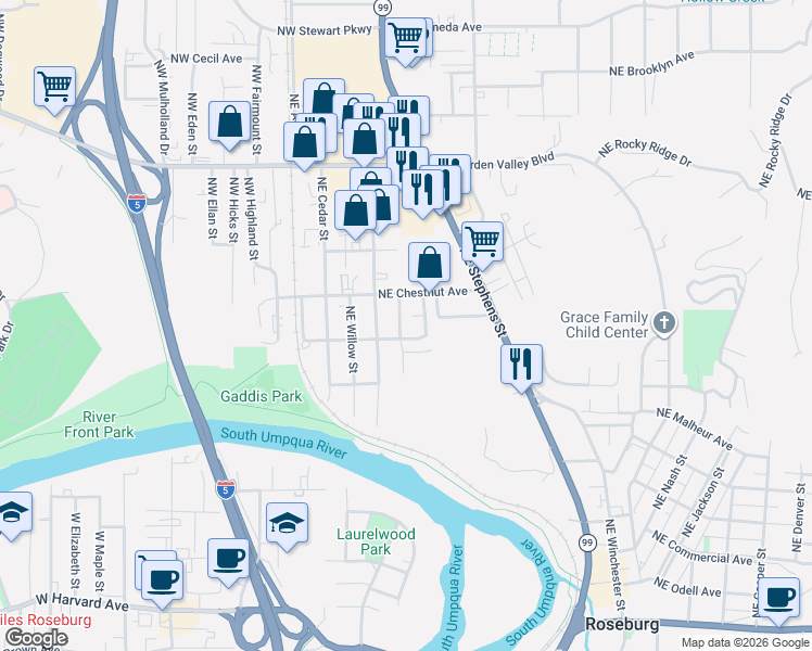 map of restaurants, bars, coffee shops, grocery stores, and more near 1054 Northeast Alder Street in Roseburg