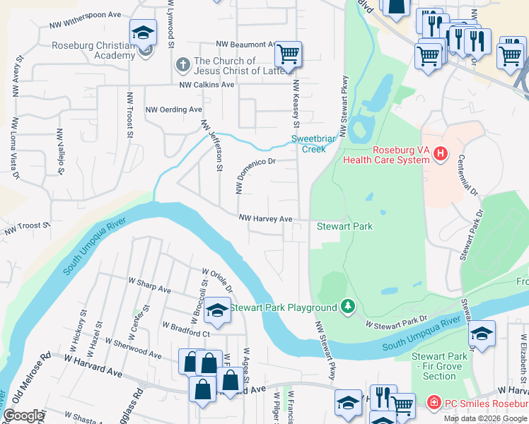 map of restaurants, bars, coffee shops, grocery stores, and more near 1583 Northwest Spray Court in Roseburg