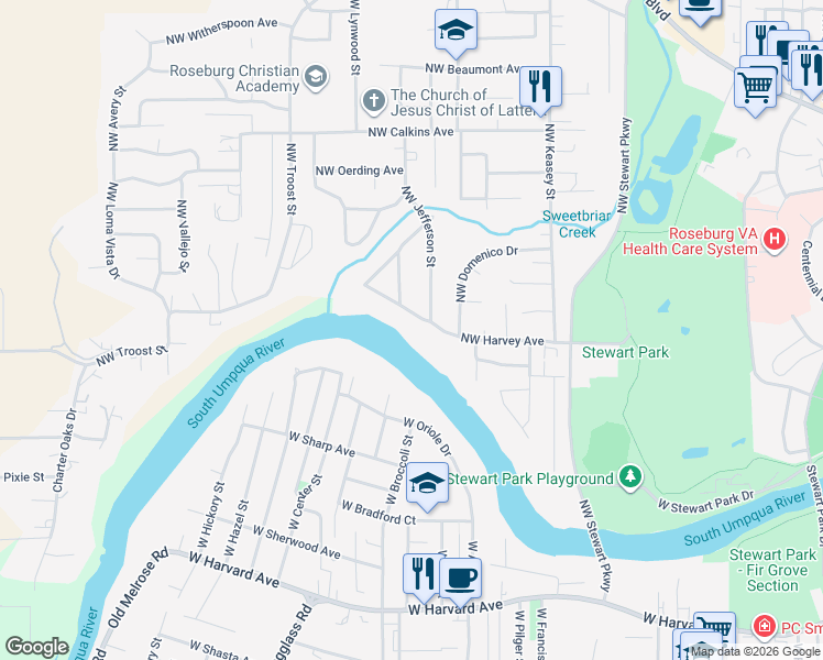 map of restaurants, bars, coffee shops, grocery stores, and more near 1789 Northwest Riverview Drive in Roseburg