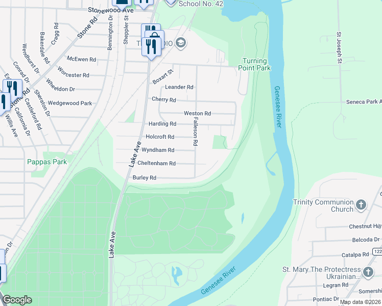 map of restaurants, bars, coffee shops, grocery stores, and more near 144 Wyndham Road in Rochester
