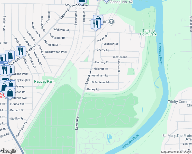 map of restaurants, bars, coffee shops, grocery stores, and more near 46 Wyndham Road in Rochester