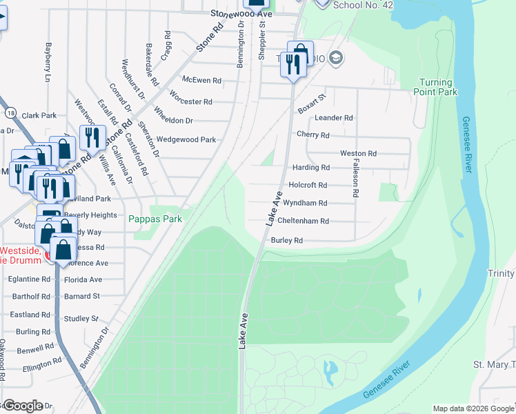 map of restaurants, bars, coffee shops, grocery stores, and more near 56 Wyndham Road West in Rochester