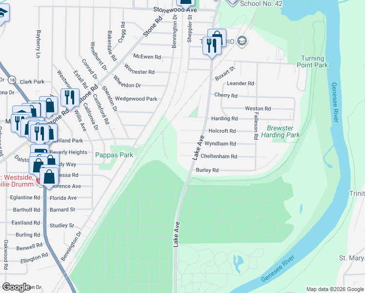 map of restaurants, bars, coffee shops, grocery stores, and more near 56 Wyndham Road West in Rochester