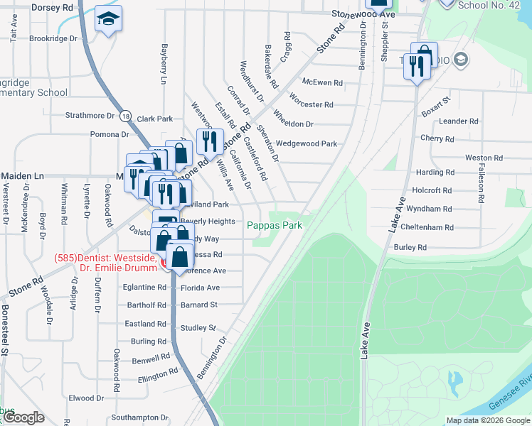 map of restaurants, bars, coffee shops, grocery stores, and more near 83 Haviland Park in Rochester