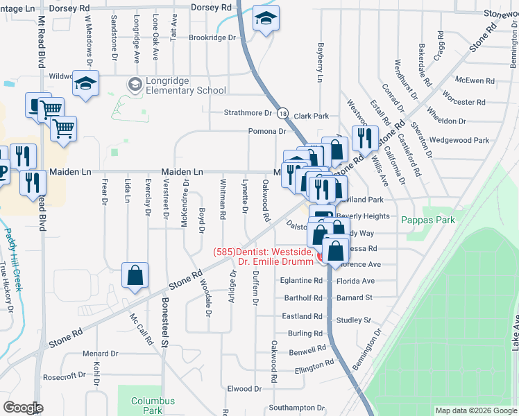 map of restaurants, bars, coffee shops, grocery stores, and more near 104 Lynette Drive in Rochester