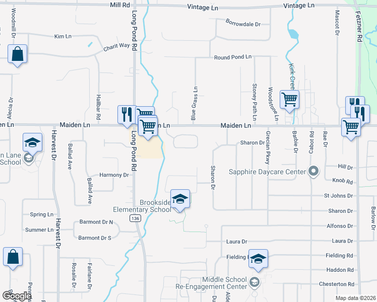 map of restaurants, bars, coffee shops, grocery stores, and more near 44 Running Brook Lane in Rochester