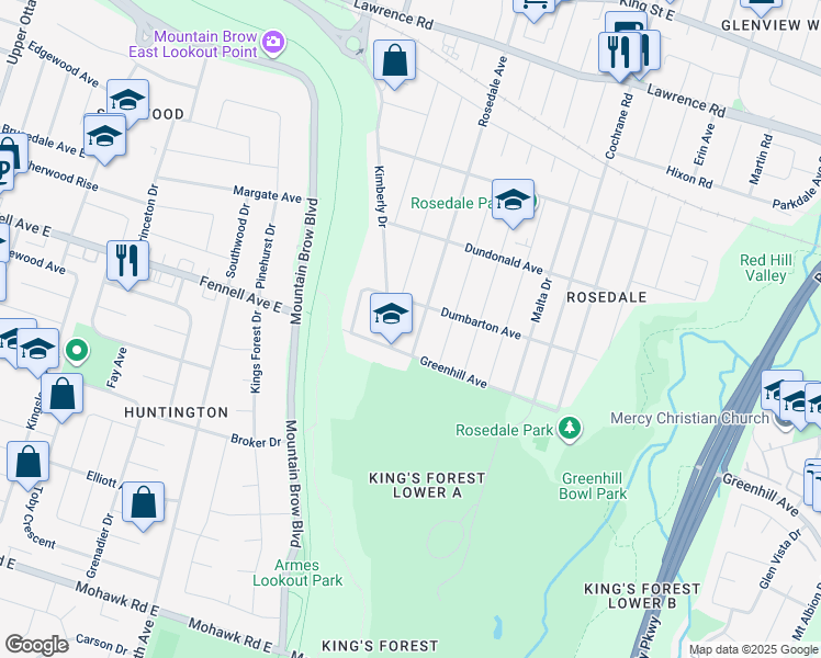map of restaurants, bars, coffee shops, grocery stores, and more near 24 Dumbarton Avenue in Hamilton