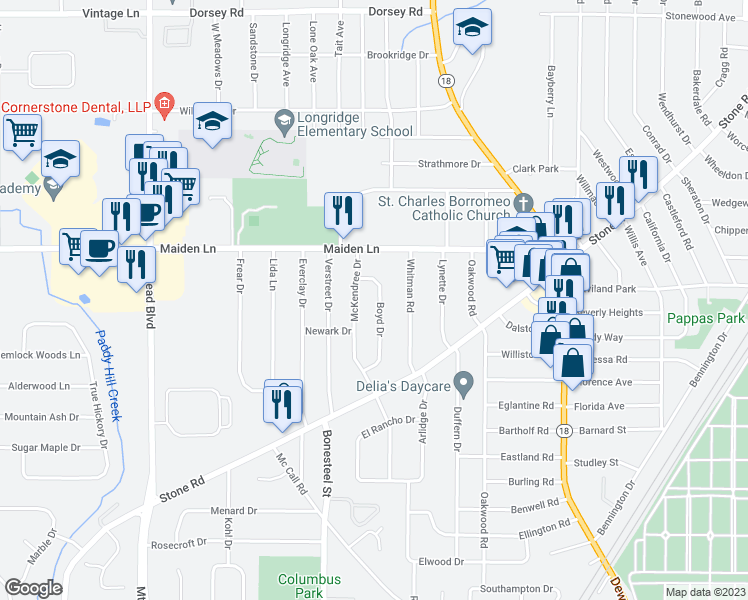 map of restaurants, bars, coffee shops, grocery stores, and more near 91 Boyd Drive in Rochester