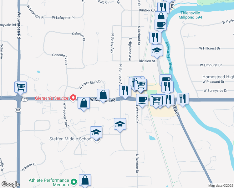 map of restaurants, bars, coffee shops, grocery stores, and more near 11245 North Buntrock Avenue in Mequon