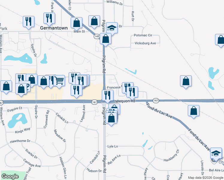 map of restaurants, bars, coffee shops, grocery stores, and more near N113W15513 Francese Drive in Germantown