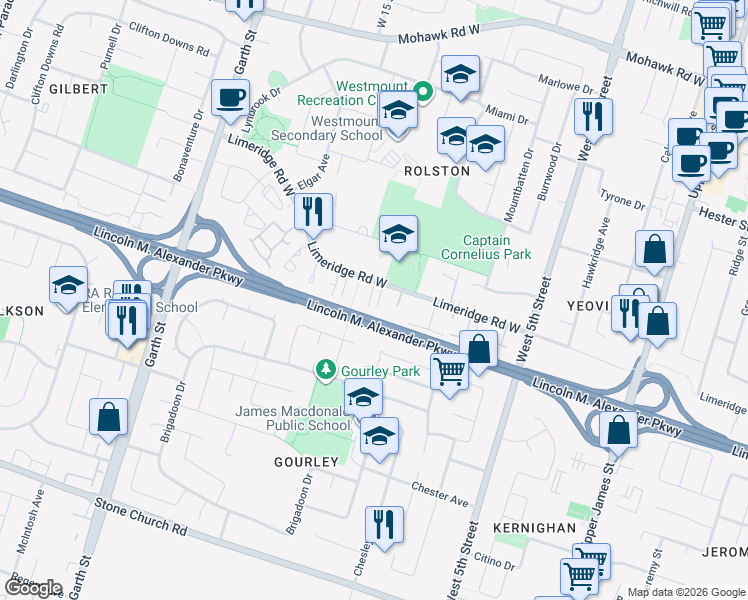 map of restaurants, bars, coffee shops, grocery stores, and more near 241 Limeridge Road West in Hamilton