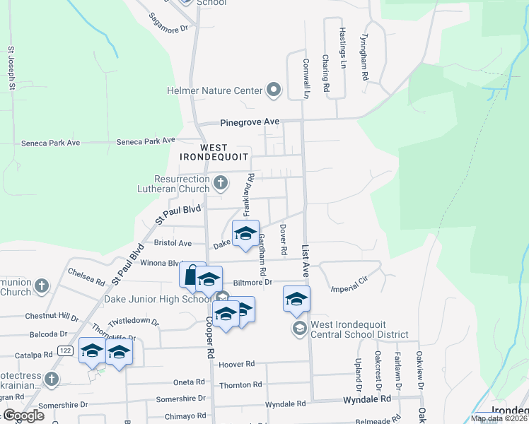 map of restaurants, bars, coffee shops, grocery stores, and more near 44 Raleigh Road in Rochester