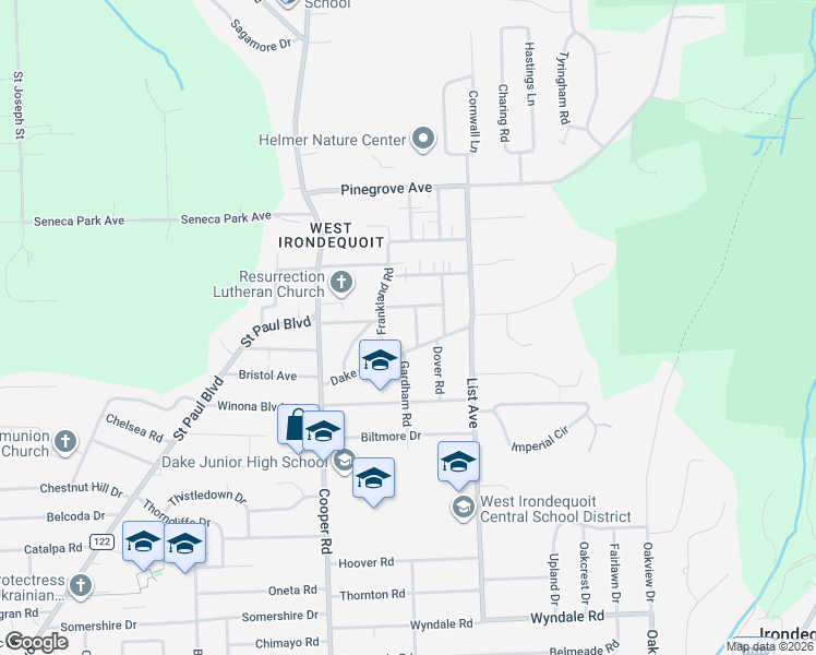 map of restaurants, bars, coffee shops, grocery stores, and more near 44 Raleigh Road in Rochester