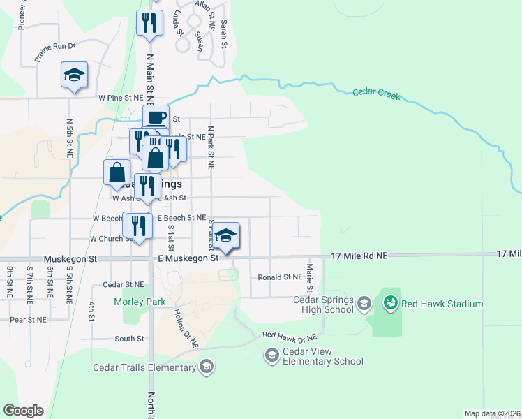 map of restaurants, bars, coffee shops, grocery stores, and more near 252 East Ash Street in Cedar Springs