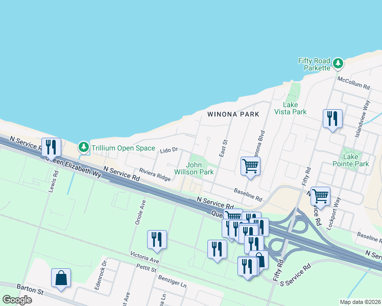 map of restaurants, bars, coffee shops, grocery stores, and more near 4 Lido Drive in Hamilton