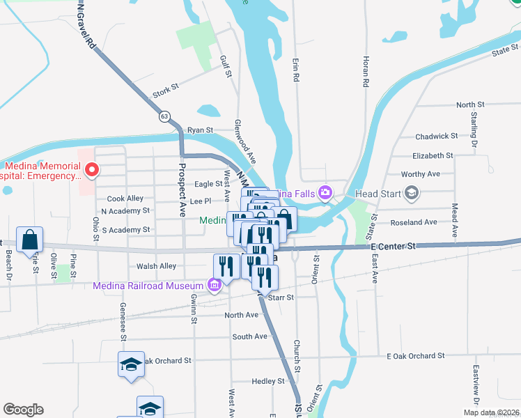 map of restaurants, bars, coffee shops, grocery stores, and more near 331 North Main Street in Medina