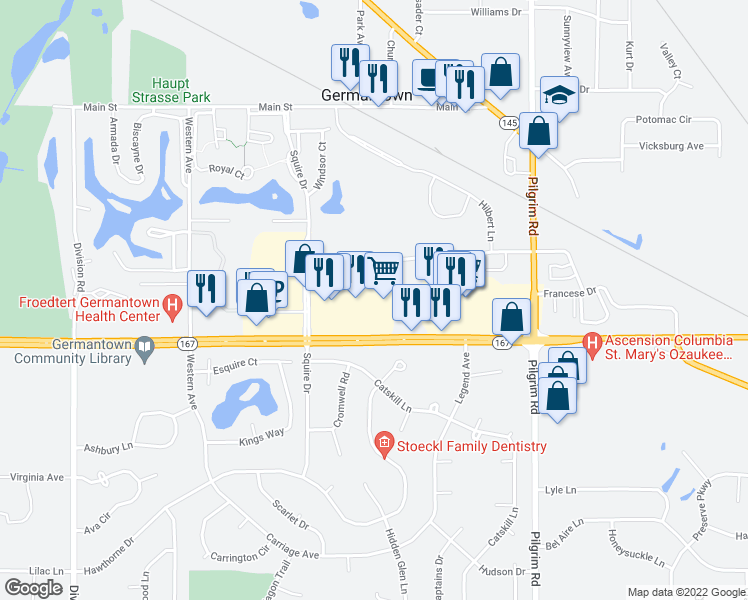 map of restaurants, bars, coffee shops, grocery stores, and more near N112 W16200 Mequon Road in Germantown
