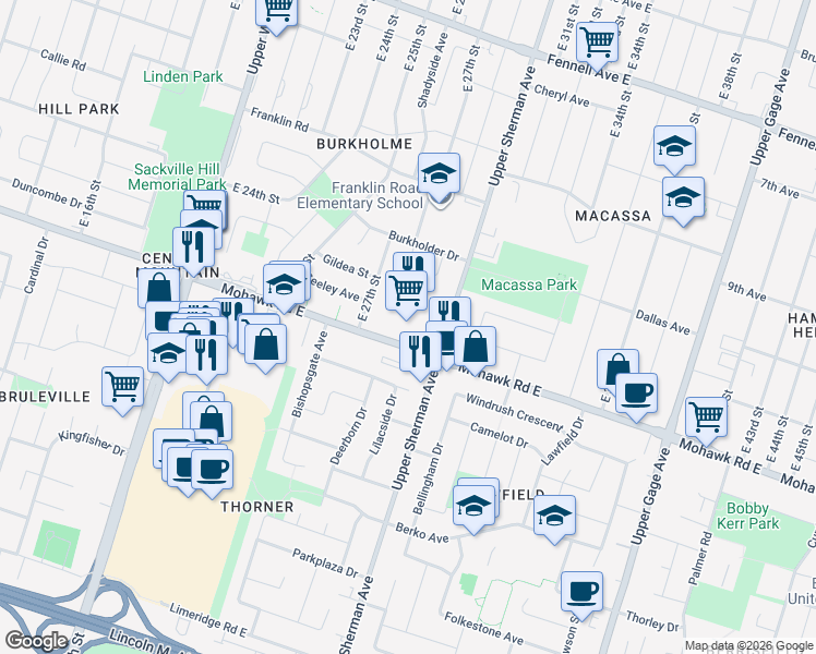 map of restaurants, bars, coffee shops, grocery stores, and more near 499 Mohawk Road East in Hamilton