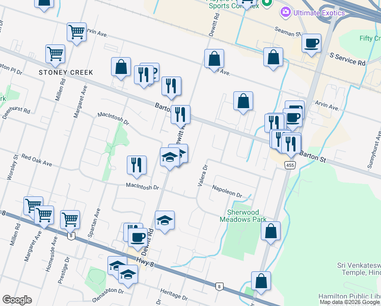 map of restaurants, bars, coffee shops, grocery stores, and more near 10 Hewitson Road in Hamilton