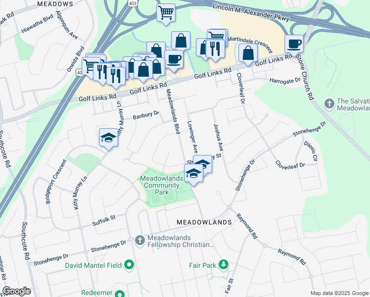 map of restaurants, bars, coffee shops, grocery stores, and more near 101 Meadowlands Boulevard in Hamilton