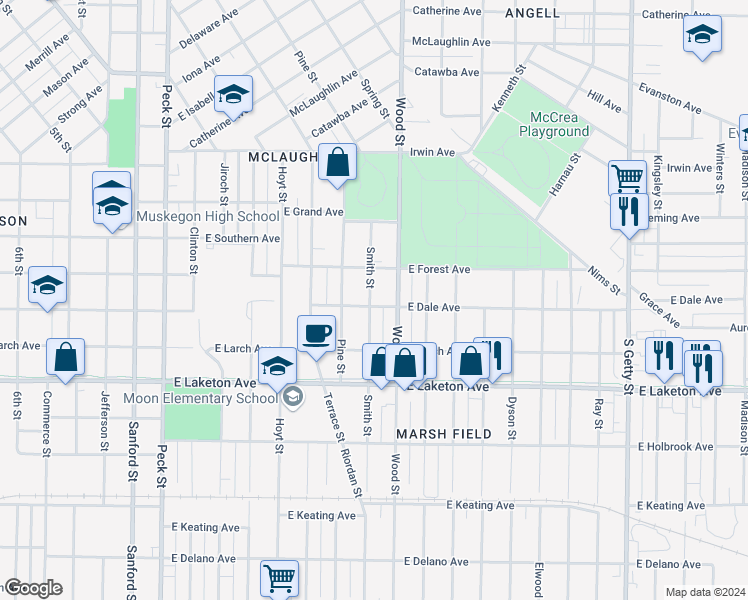 map of restaurants, bars, coffee shops, grocery stores, and more near 1666 Smith Street in Muskegon