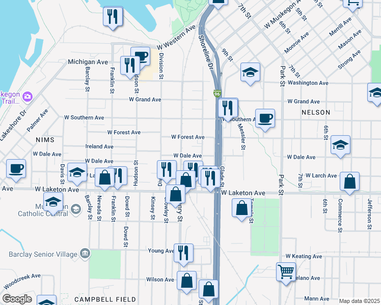 map of restaurants, bars, coffee shops, grocery stores, and more near 766 West Dale Avenue in Muskegon