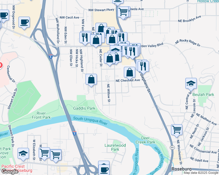 map of restaurants, bars, coffee shops, grocery stores, and more near 1049 Northeast Willow Street in Roseburg