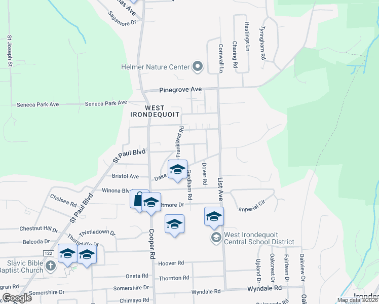 map of restaurants, bars, coffee shops, grocery stores, and more near 44 Raleigh Road in Rochester