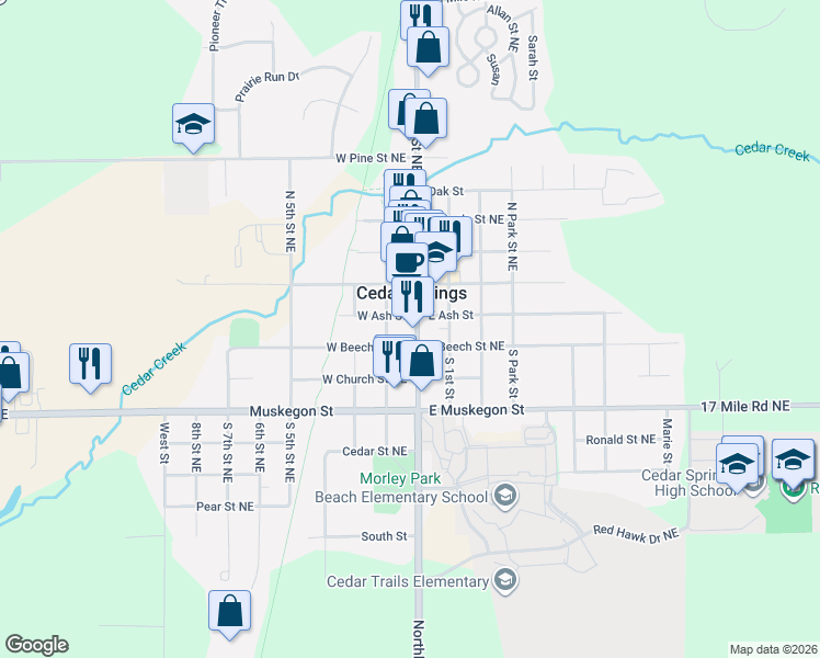 map of restaurants, bars, coffee shops, grocery stores, and more near 66 South Main in Cedar Springs