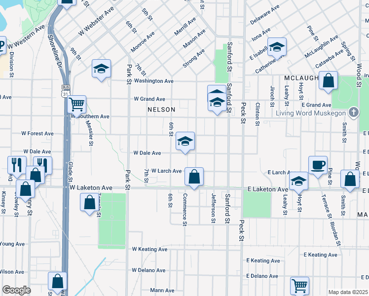 map of restaurants, bars, coffee shops, grocery stores, and more near 1648 6th Street in Muskegon