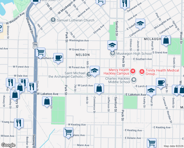 map of restaurants, bars, coffee shops, grocery stores, and more near 1648 6th Street in Muskegon