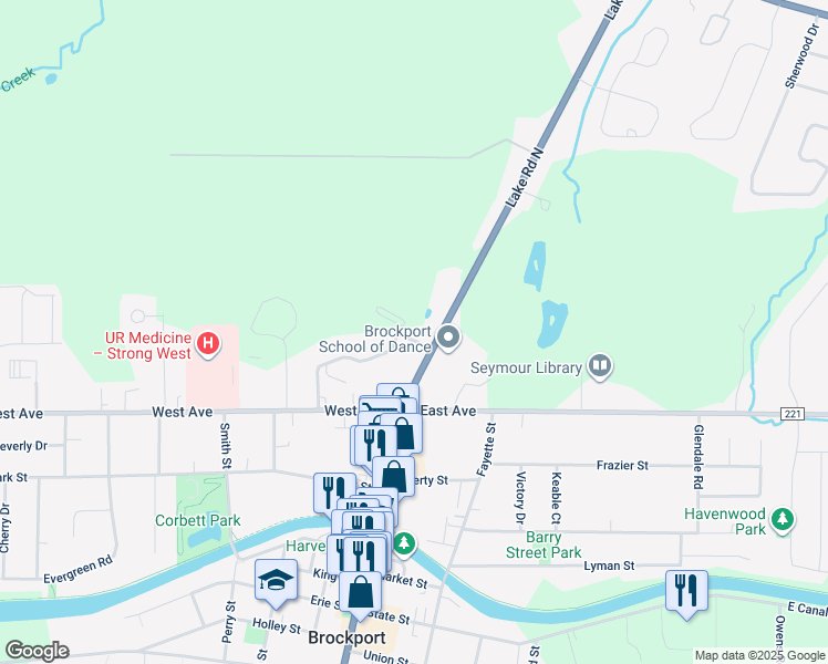 map of restaurants, bars, coffee shops, grocery stores, and more near 1100 Wellington Woods Drive East in Brockport