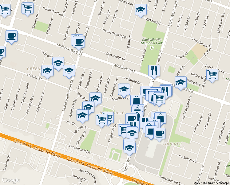 map of restaurants, bars, coffee shops, grocery stores, and more near 39 Carousel Avenue in Hamilton