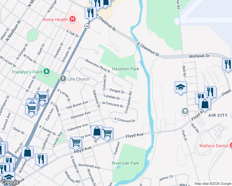 map of restaurants, bars, coffee shops, grocery stores, and more near 112 Dwight Drive in Rome