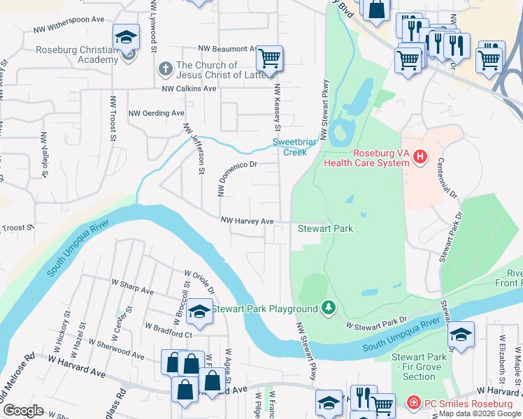 map of restaurants, bars, coffee shops, grocery stores, and more near 1563 Northwest Spray Court in Roseburg
