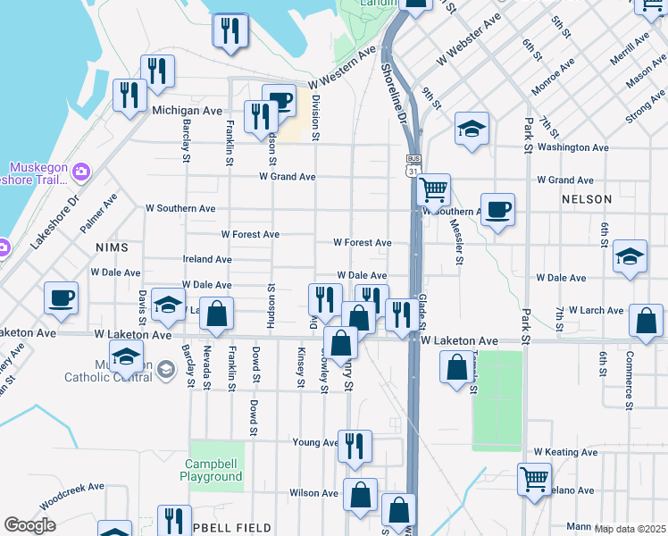 map of restaurants, bars, coffee shops, grocery stores, and more near 834 West Dale Avenue in Muskegon