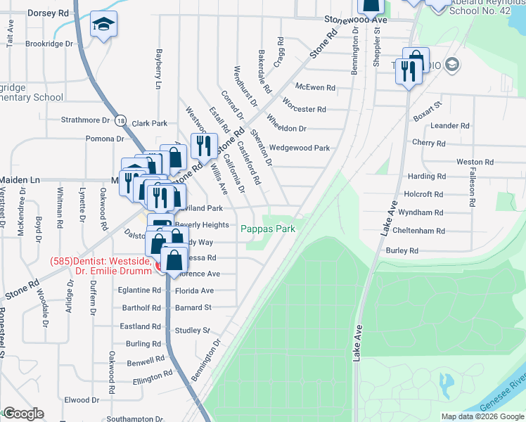 map of restaurants, bars, coffee shops, grocery stores, and more near 83 Haviland Park in Rochester