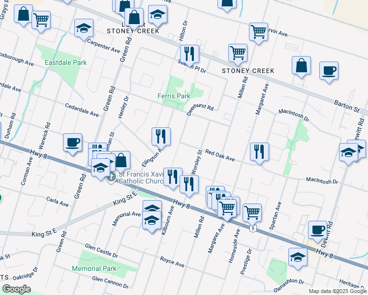 map of restaurants, bars, coffee shops, grocery stores, and more near 364 Red Oak Avenue in Hamilton