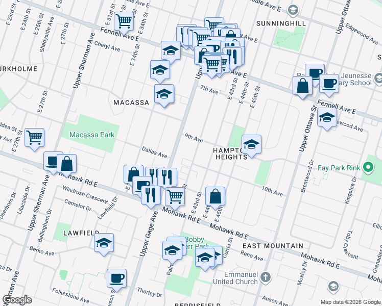 map of restaurants, bars, coffee shops, grocery stores, and more near 400 East 42nd Street in Hamilton