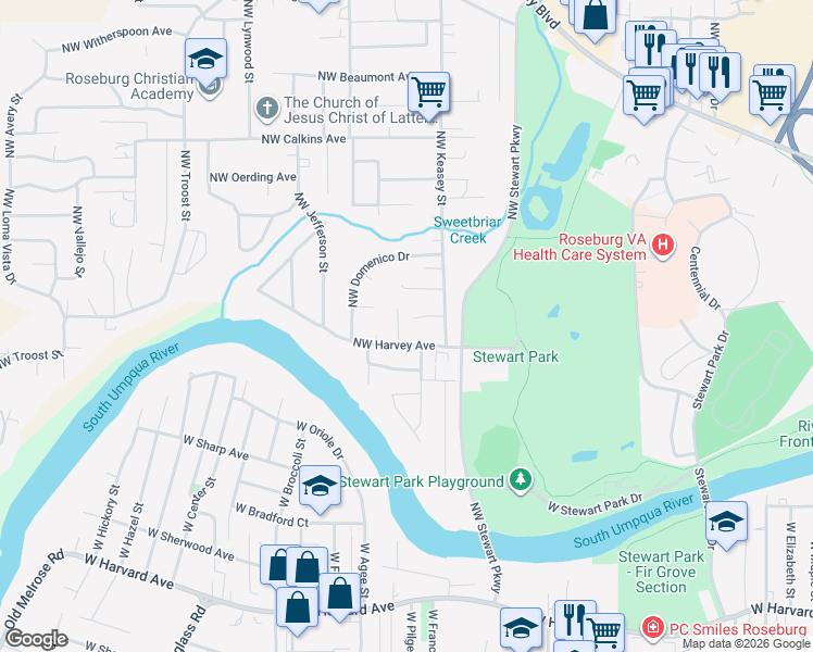 map of restaurants, bars, coffee shops, grocery stores, and more near 1583 Northwest Spray Court in Roseburg