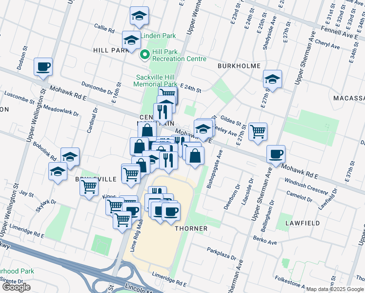 map of restaurants, bars, coffee shops, grocery stores, and more near 436 Mohawk Road East in Hamilton