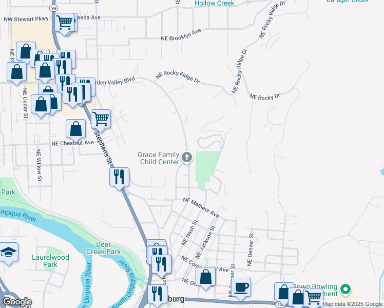 map of restaurants, bars, coffee shops, grocery stores, and more near 1187 Northeast Lincoln Street in Roseburg