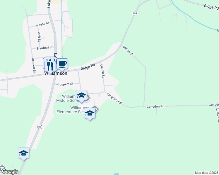 map of restaurants, bars, coffee shops, grocery stores, and more near 4266 Sherman Avenue in Williamson