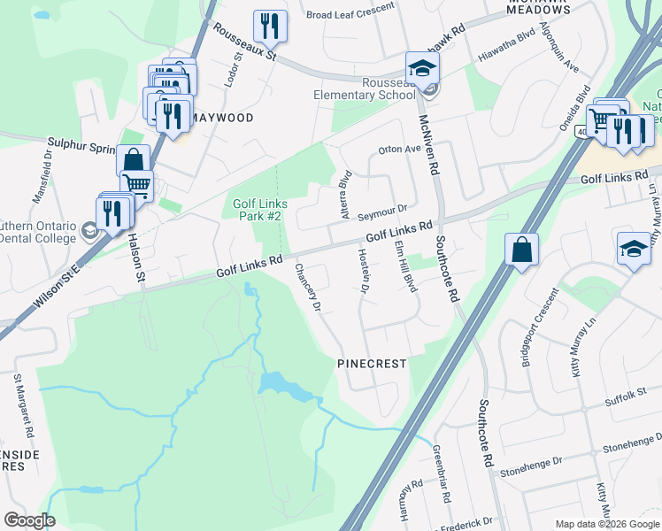 map of restaurants, bars, coffee shops, grocery stores, and more near 27 Peppertree Crescent in Hamilton
