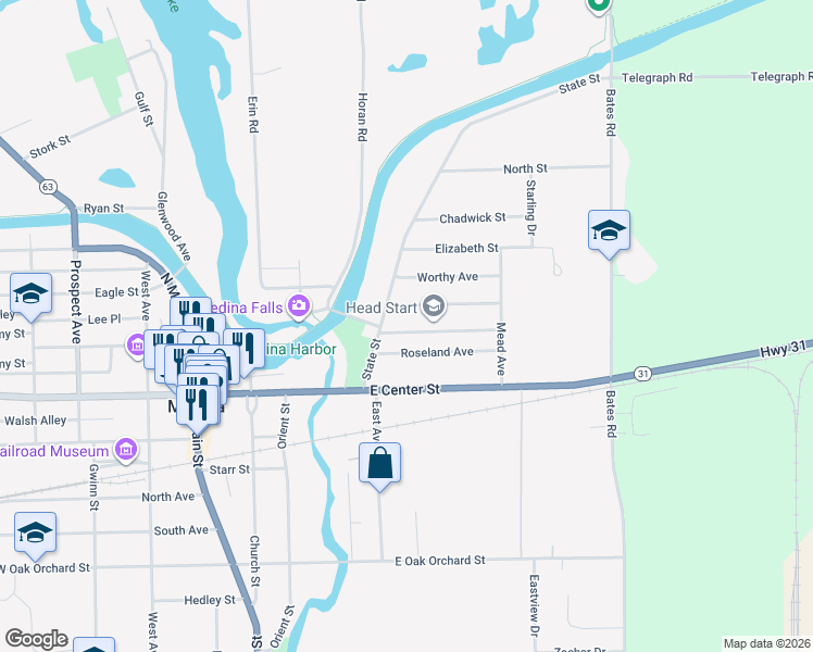map of restaurants, bars, coffee shops, grocery stores, and more near 117 Ensign Avenue in Medina